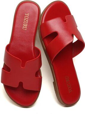 🆕Women's Red Flat Sandals Open Toe Dressy Summer Sandals Comfortable